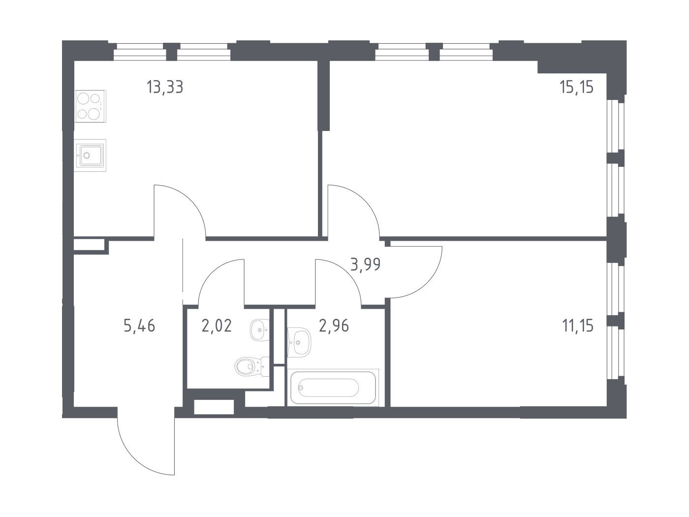 Планировка: 2-комн. квартира 54.06 м² в новостройке Космический квартал