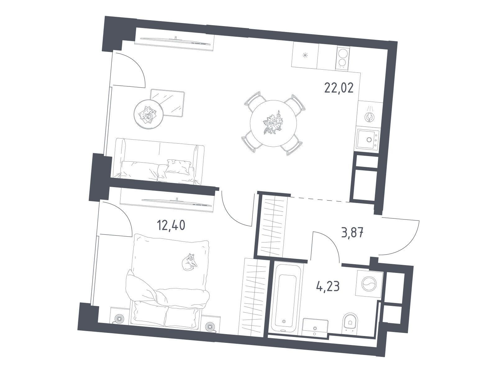 Планировка: 1-комн. квартира 42.52 м² в новостройке ЖК Квартал на воде