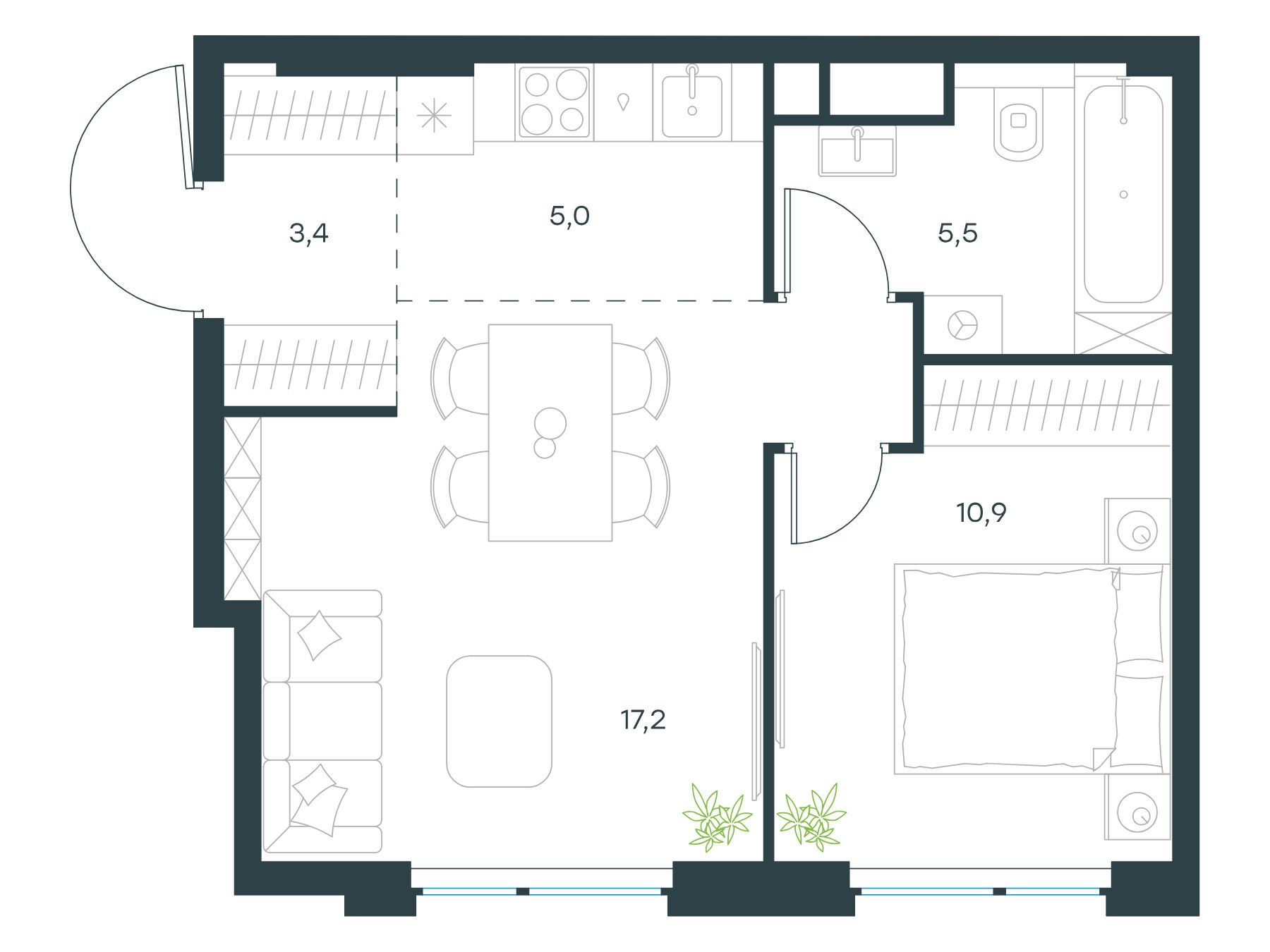 Планировка: 2-комн. квартира 42.00 м² в новостройке Левел Мичуринский