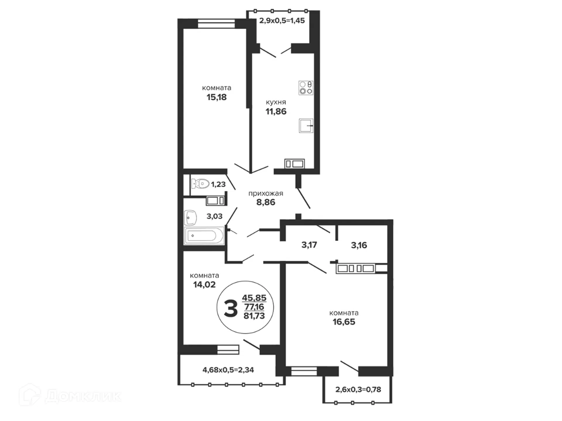 Планировка: 3-комн. квартира 83.30 м² в новостройке Гулливер