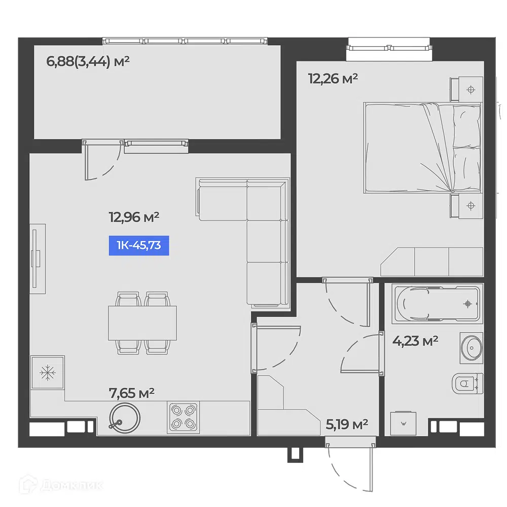 Планировка: 1-комн. квартира 45.73 м² в новостройке Соловей