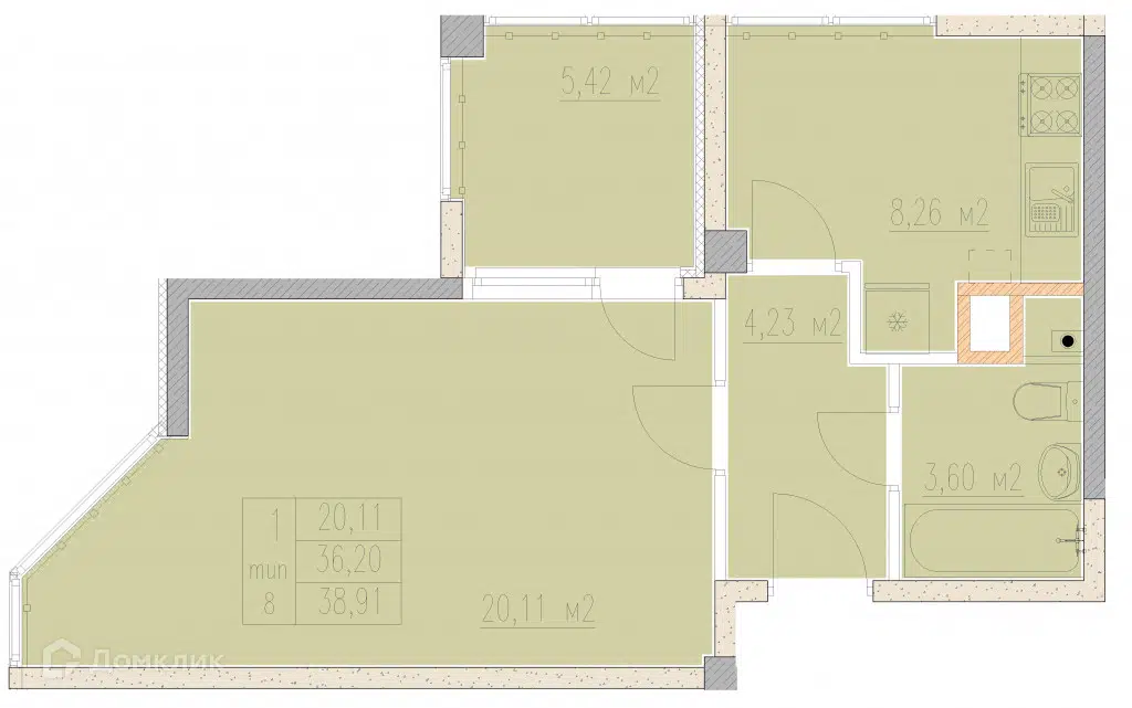Планировка: 1-комн. квартира 38.91 м² в новостройке Агой-парк