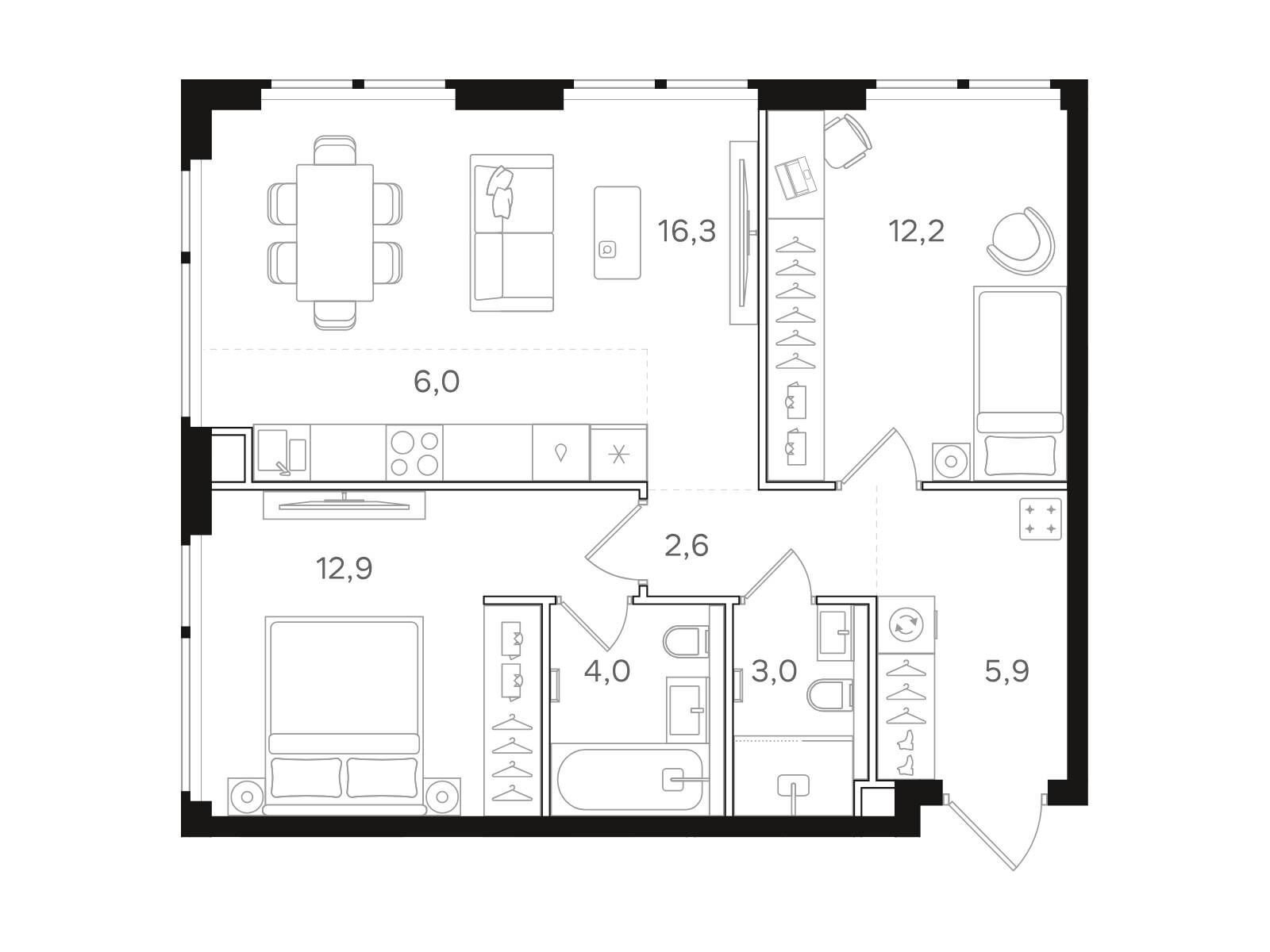 Планировка: 2-комн. квартира 62.90 м² в новостройке НАЗАРÉ