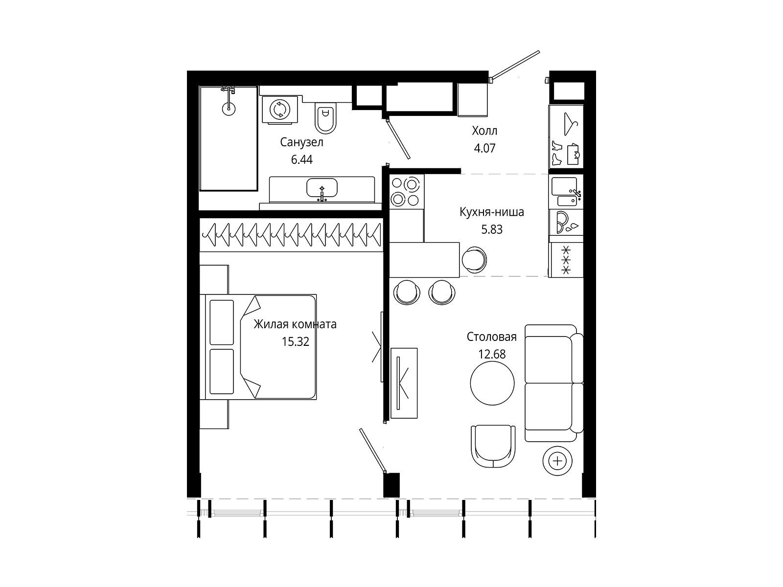 Планировка: 1-комн. квартира 44.00 м² в новостройке Мод