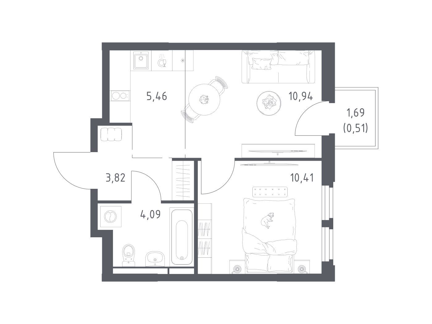 Планировка: 1-комн. квартира 35.23 м² в новостройке Космический квартал