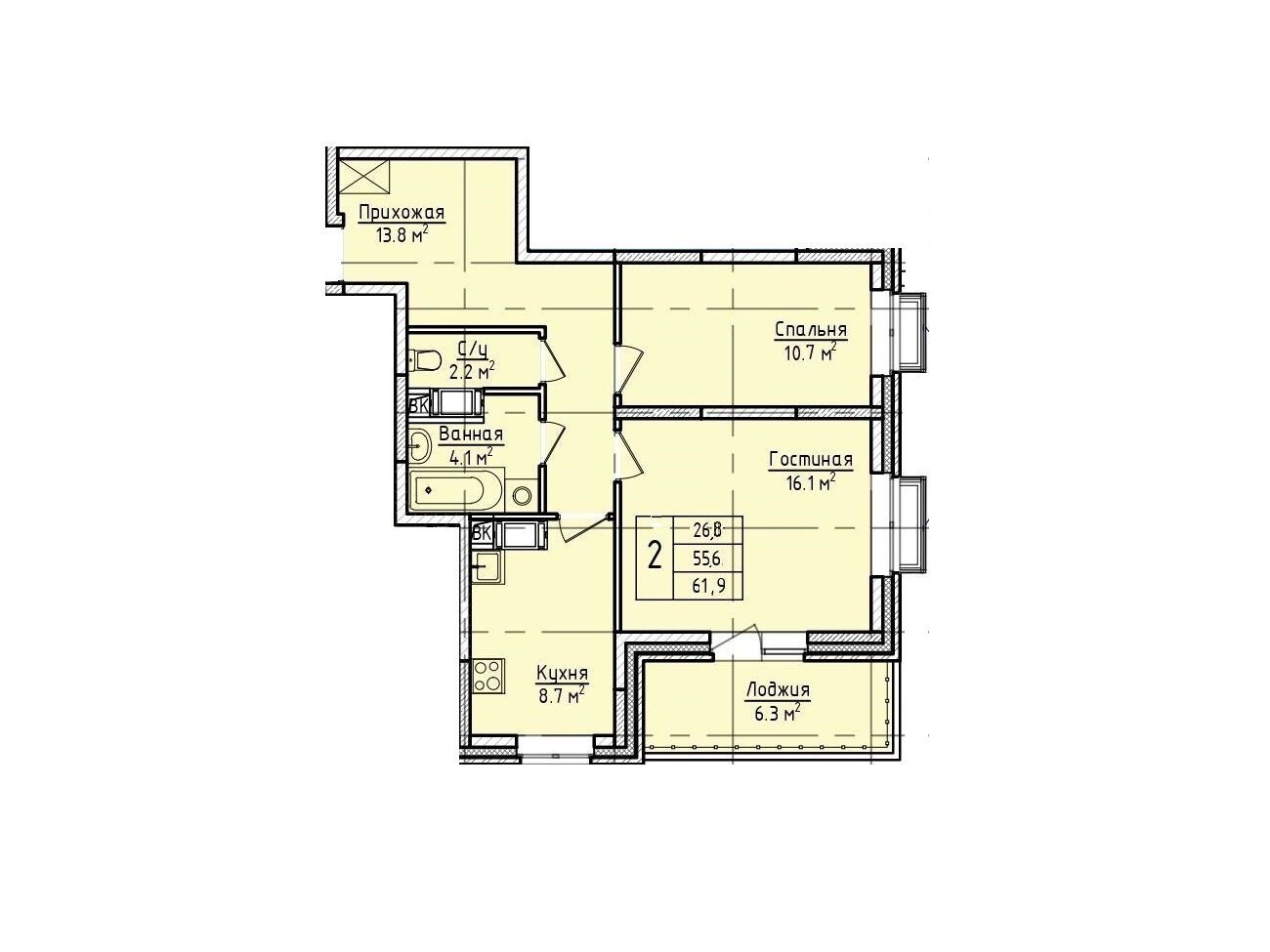Планировка: 2-комн. квартира 61.90 м² в новостройке Пустовский