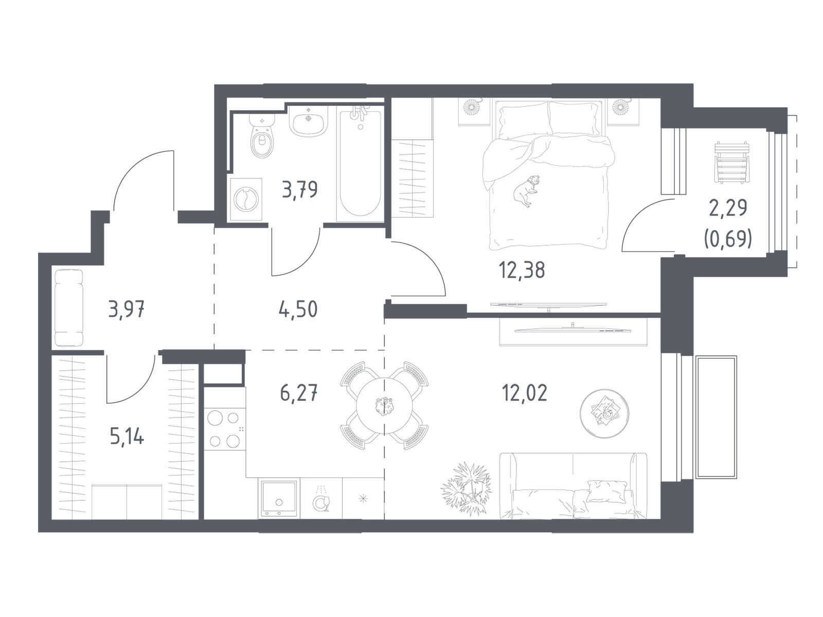Планировка: 1-комн. квартира 48.76 м² в новостройке Долина Яузы
