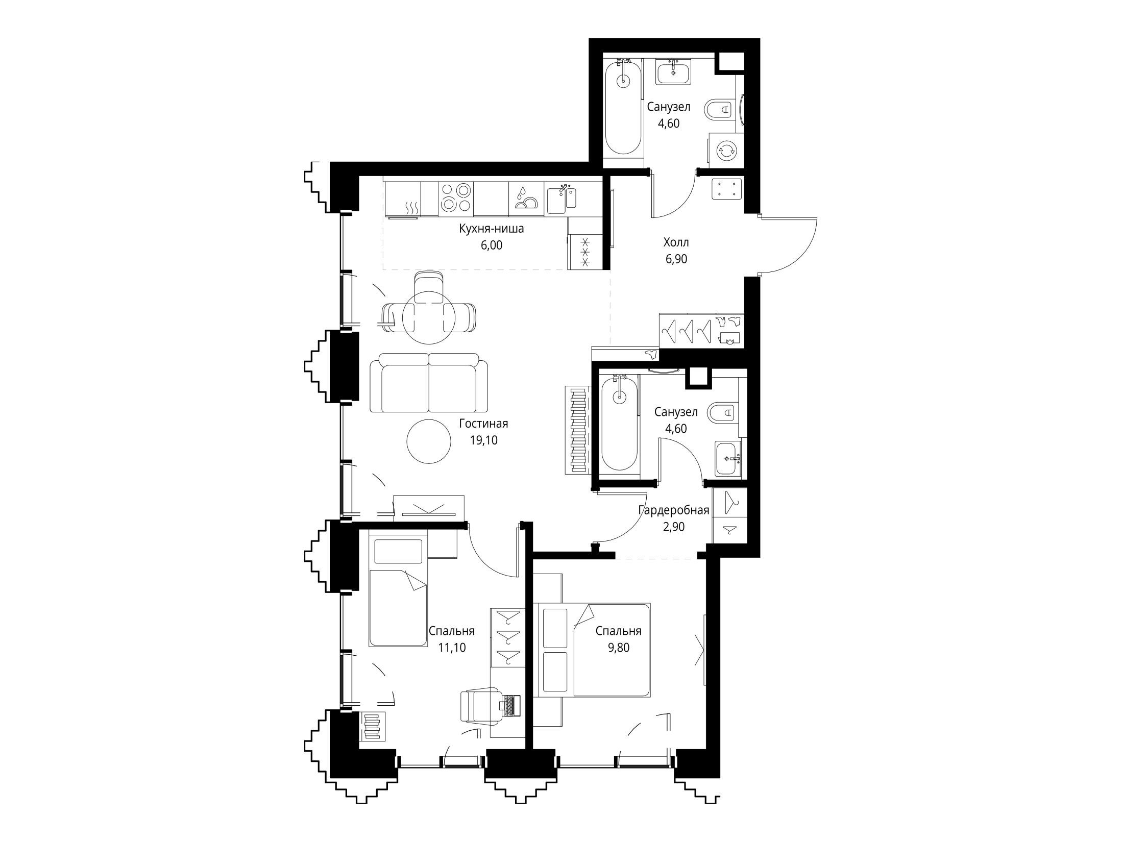 Планировка: 2-комн. квартира 65.00 м² в новостройке Сет