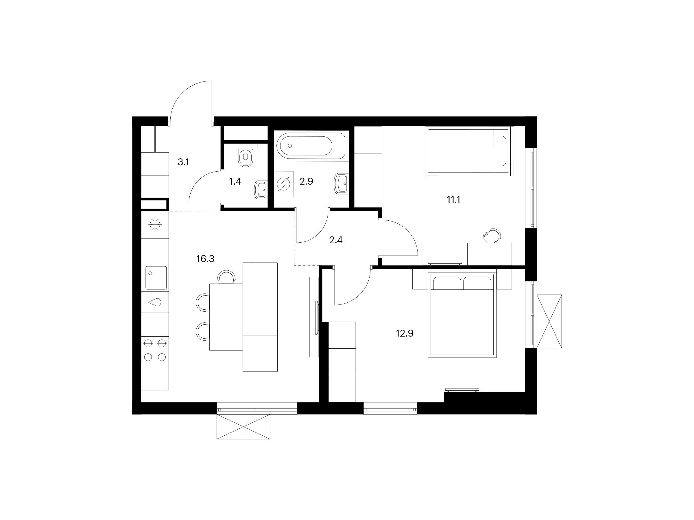 Планировка: 2-комн. квартира 50.10 м² в новостройке Заречный парк