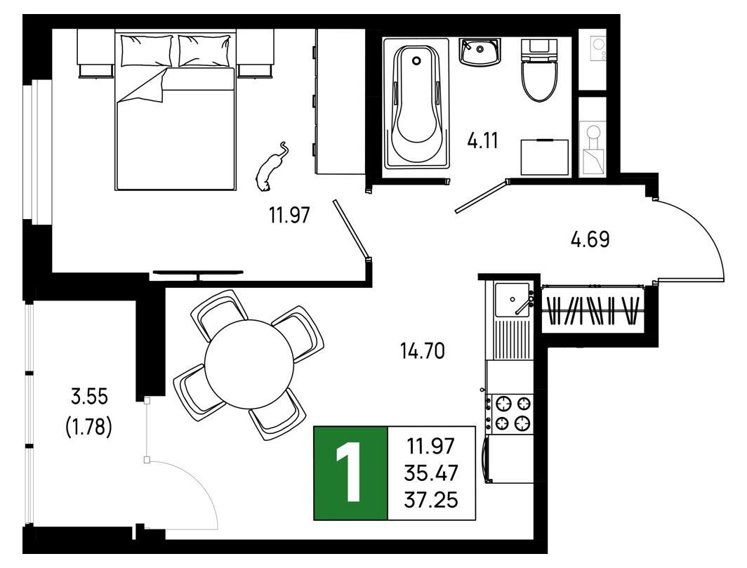 Планировка: 1-комн. квартира 37.25 м² в новостройке ЖК Имена
