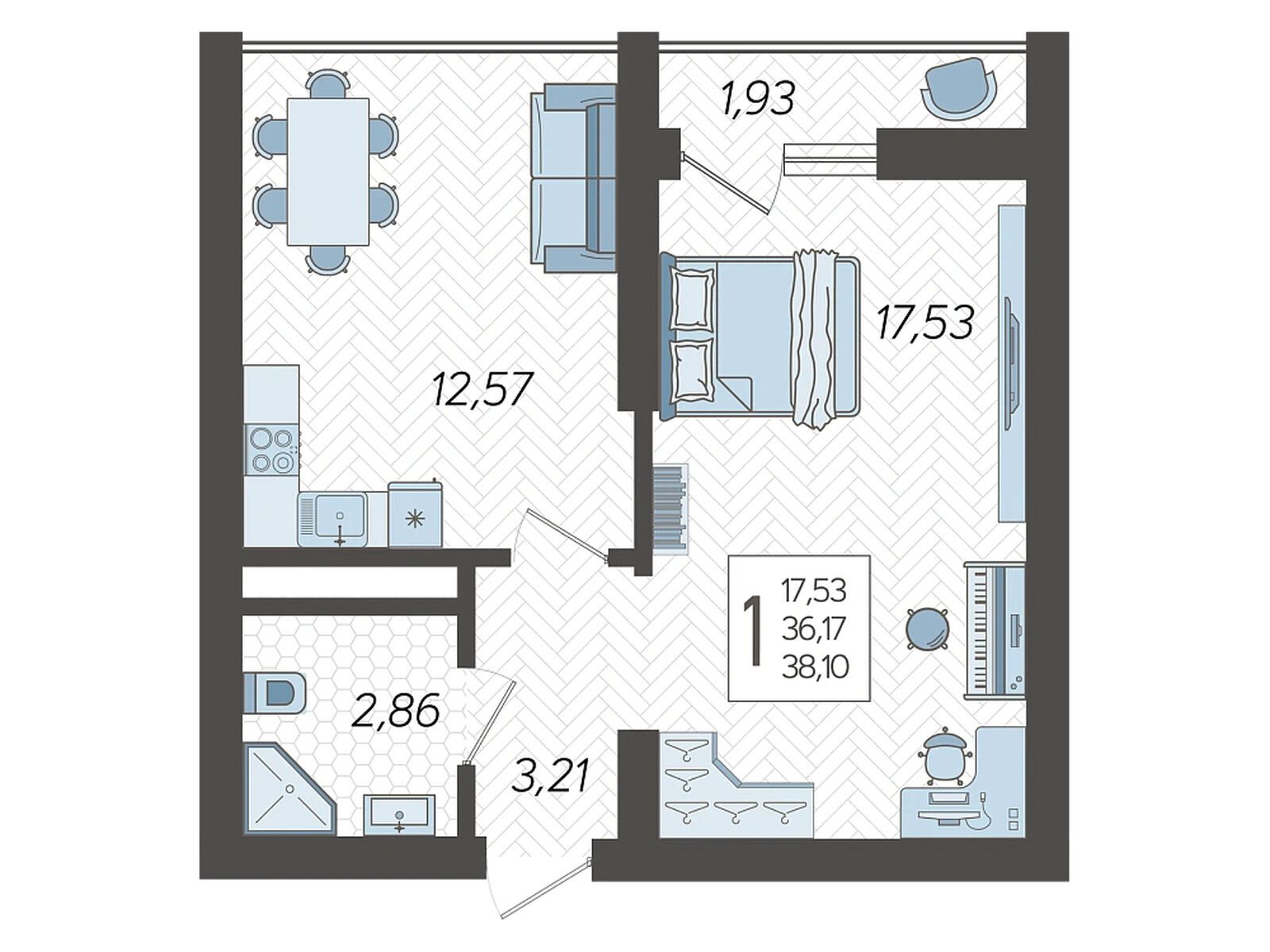 Планировка: 1-комн. квартира 38.10 м² в новостройке Кислород