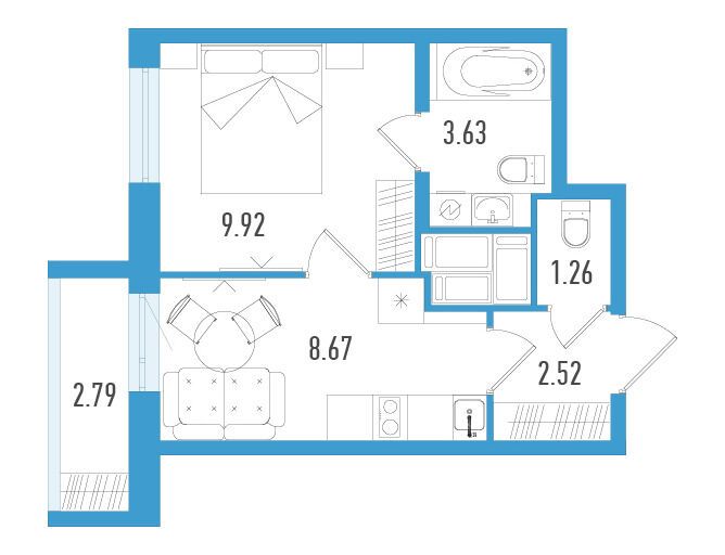 Планировка: 1-комн. квартира 26.84 м² в новостройке ЖК Южный форт