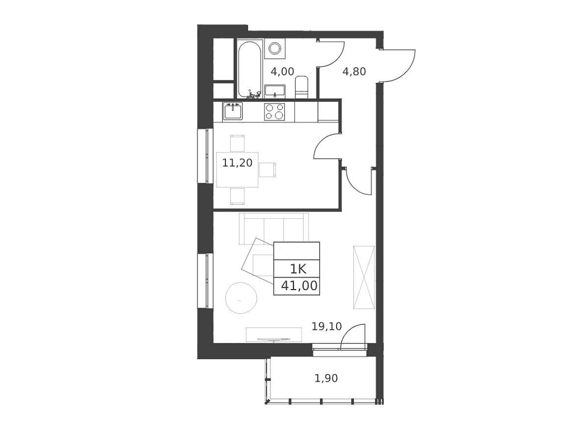 Планировка: 1-комн. квартира 41.00 м² в новостройке Октябрьский