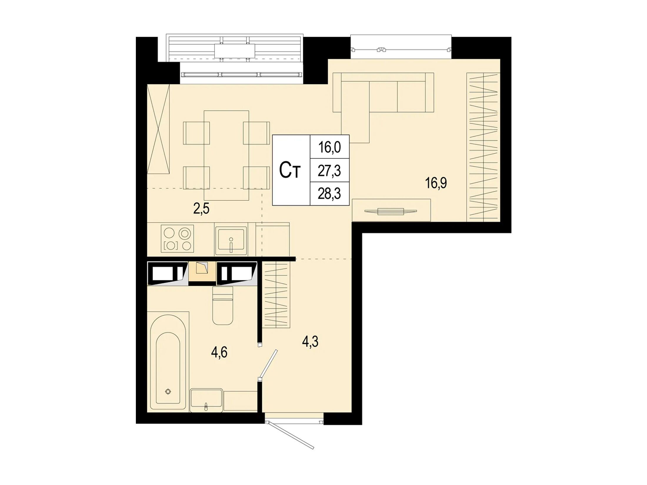 Планировка: Студия 28.30 м² в новостройке ЖК Новая Щербинка