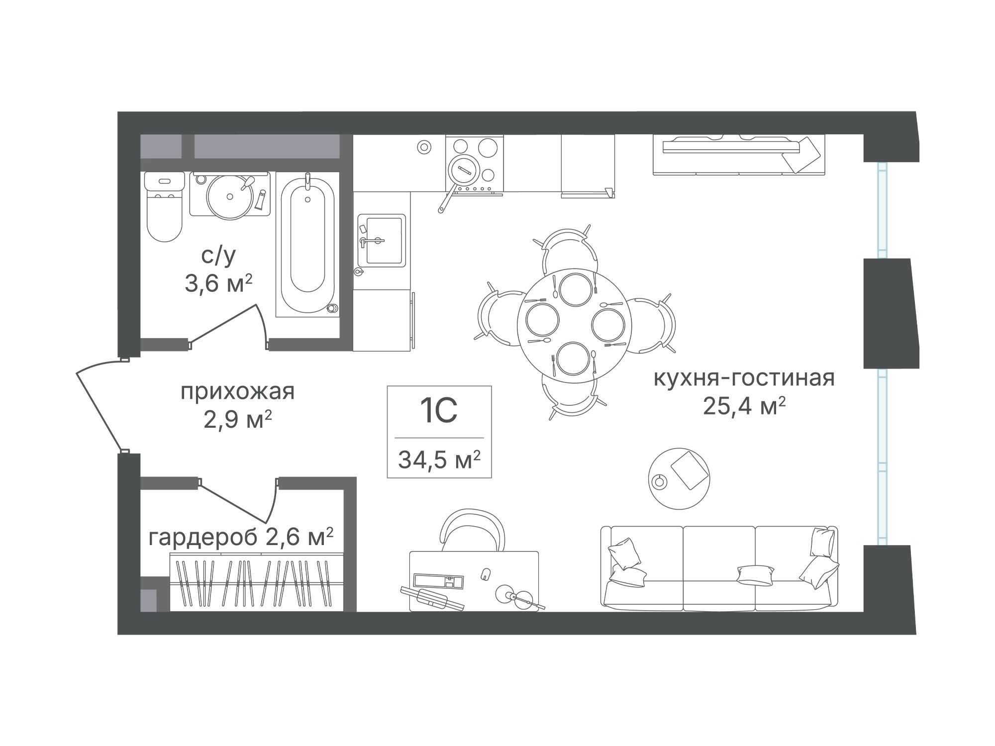 Планировка: Студия 34.50 м² в новостройке Семеновский парк 2