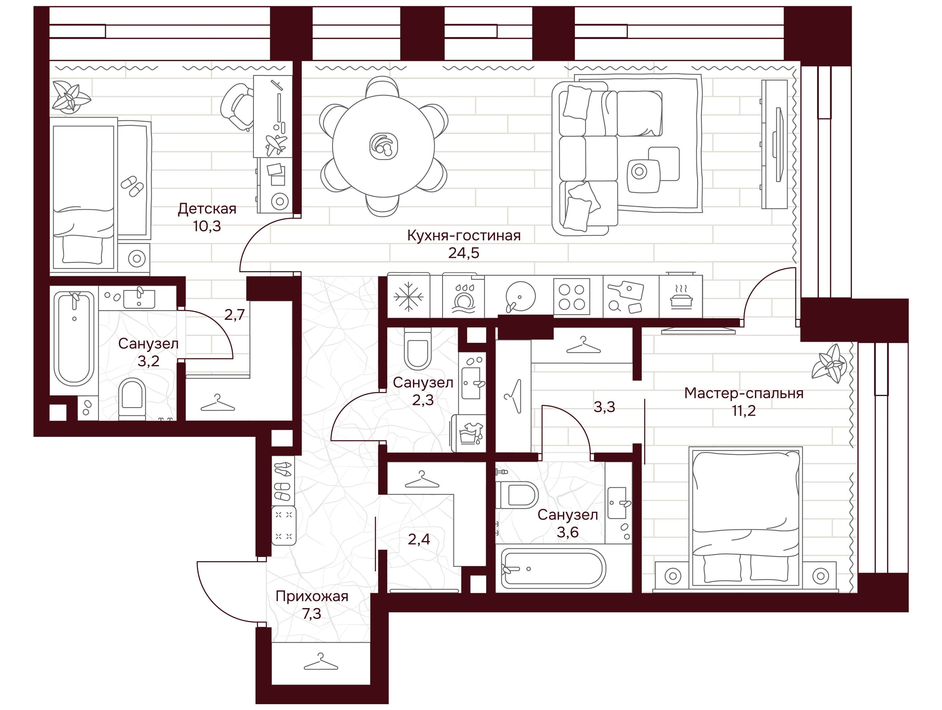 Планировка: 2-комн. квартира 74.50 м² в новостройке Дом 7 Даниловский