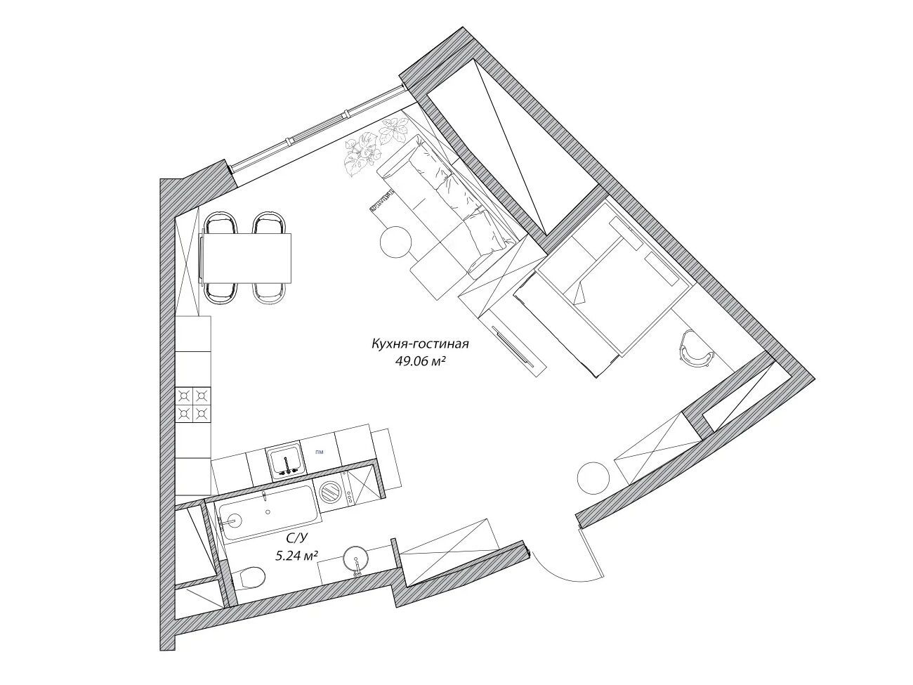Планировка: Студия 54.30 м² в новостройке Рублево