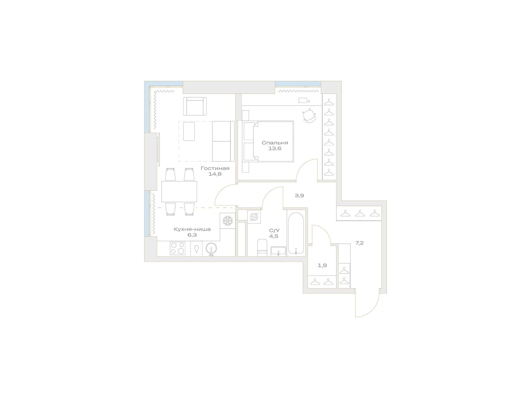 Планировка: 1-комн. квартира 52.20 м² в новостройке Детали