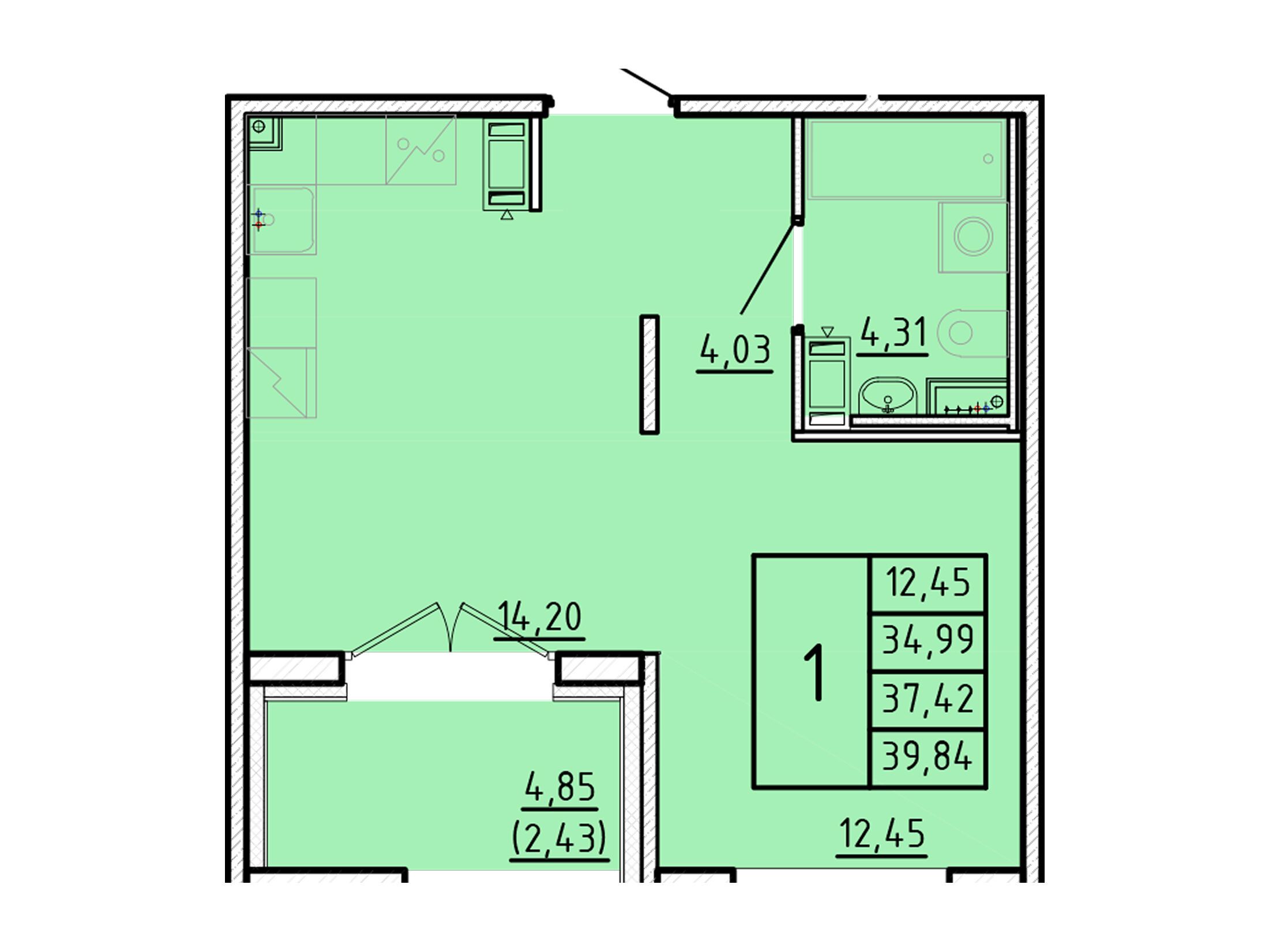 Планировка: 1-комн. квартира 34.99 м² в новостройке Образцовый квартал 16