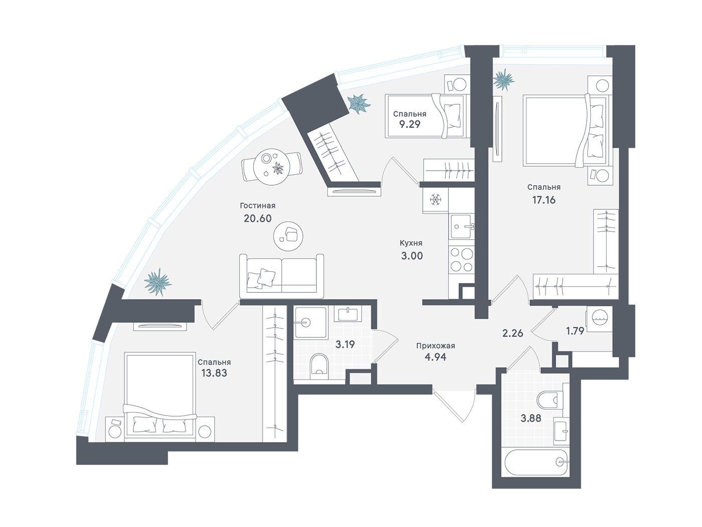 Планировка: 3-комн. квартира 79.94 м² в новостройке Солос