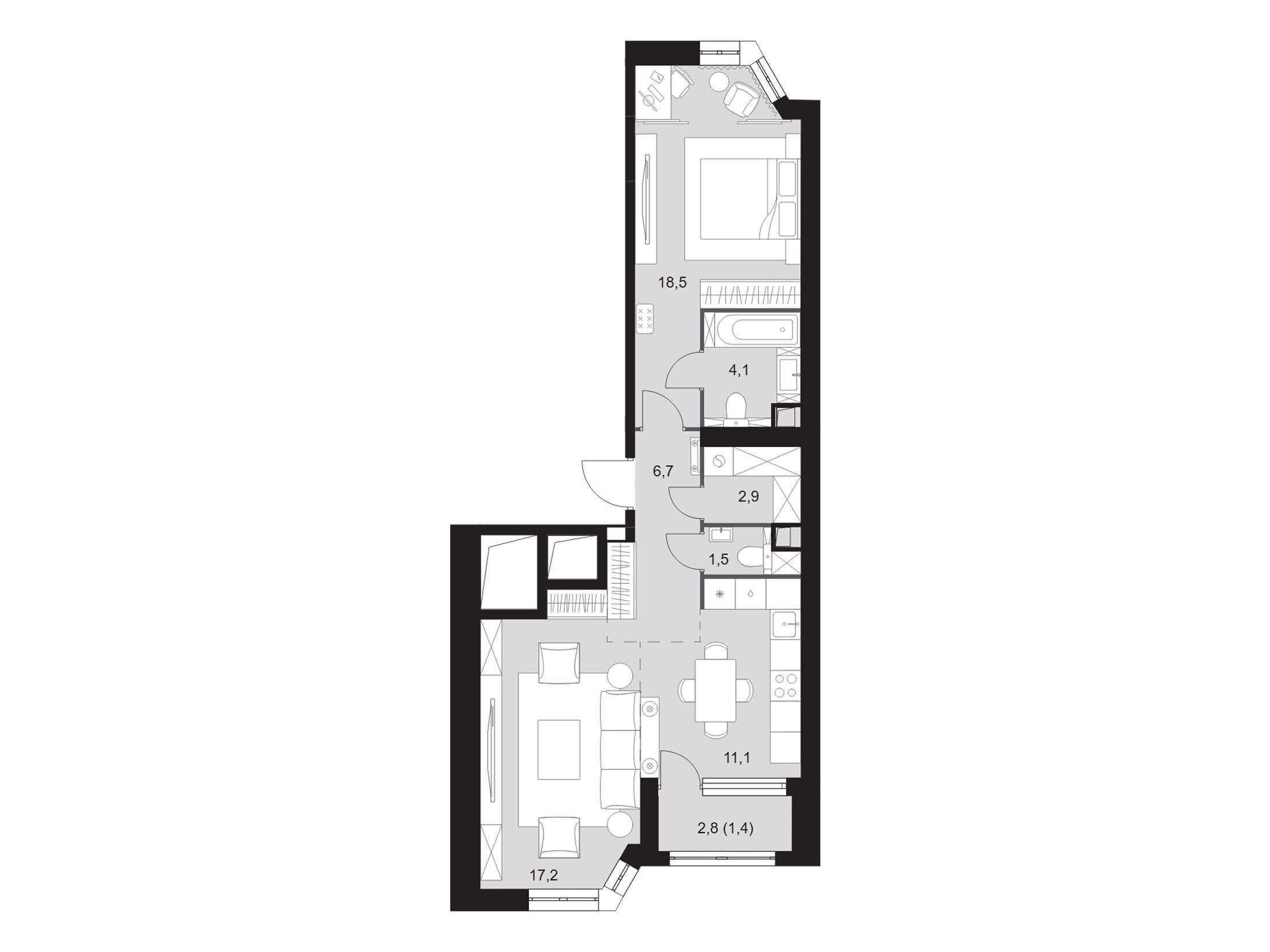 Планировка: 2-комн. квартира 63.40 м² в новостройке Архитектор