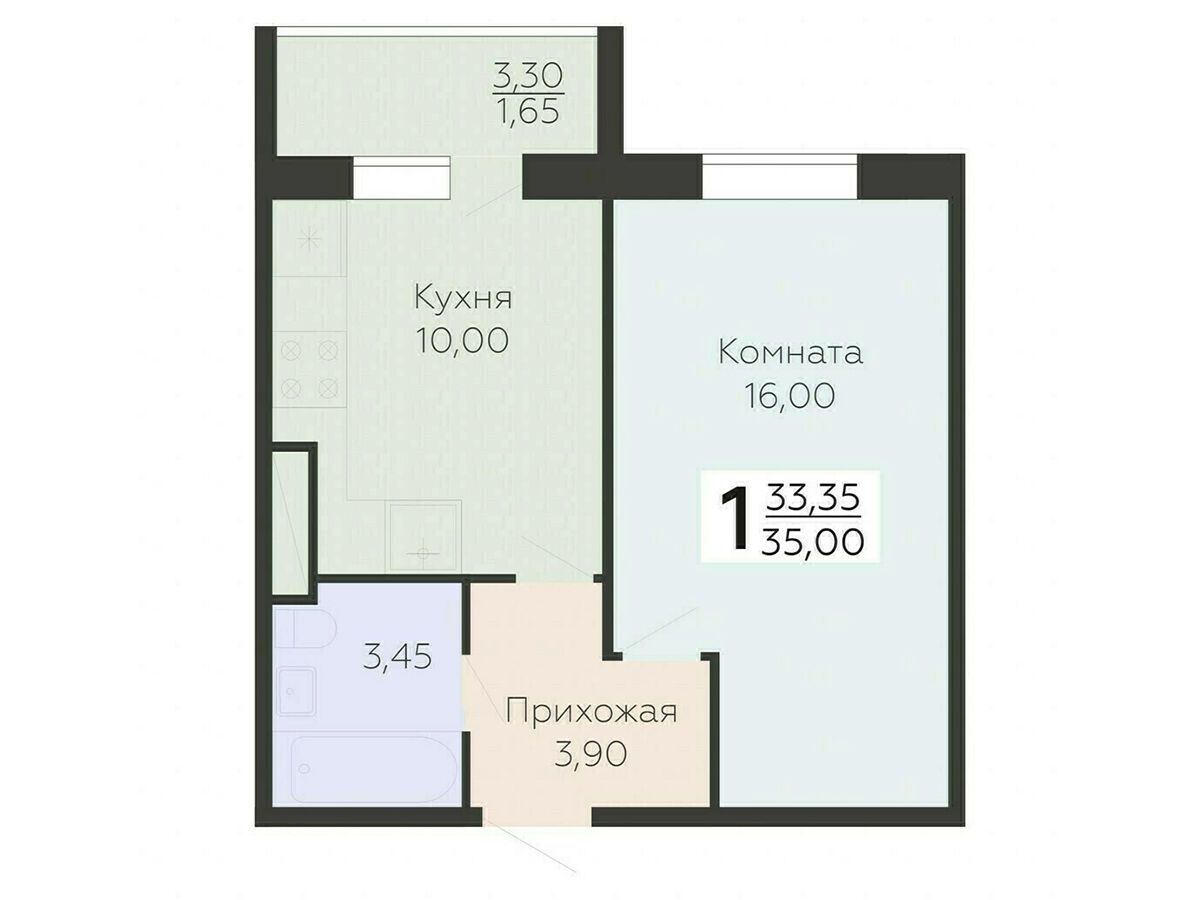Планировка: 1-комн. квартира 35.00 м² в новостройке Ленский