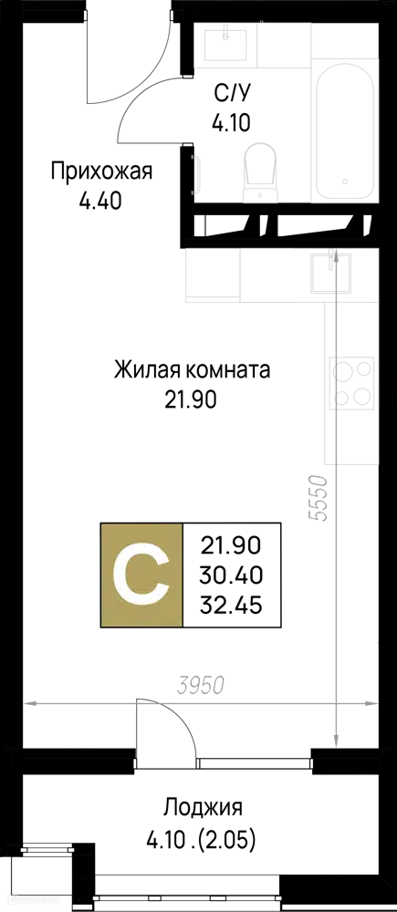 Планировка: Студия 32.45 м² в новостройке На Высоком берегу