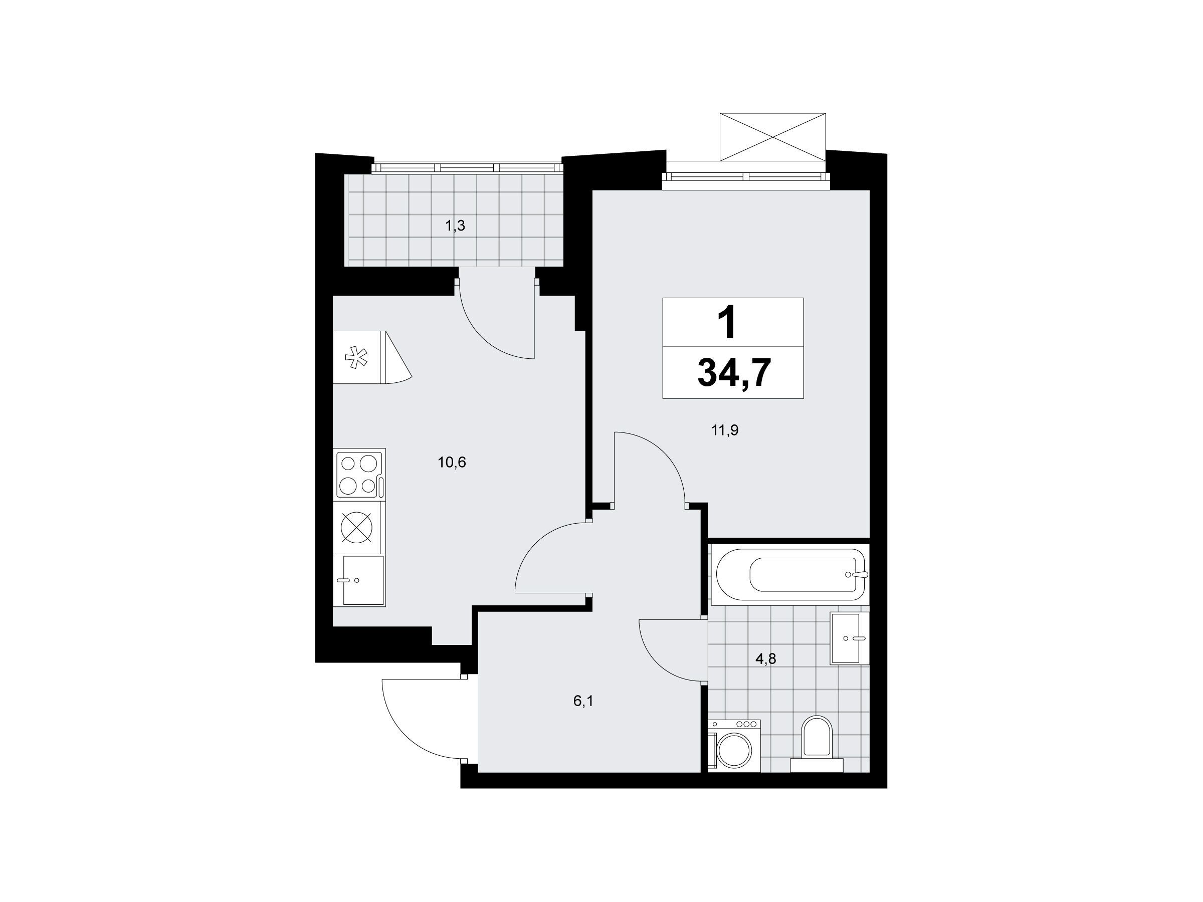 Планировка: 1-комн. квартира 34.50 м² в новостройке Дзен-кварталы