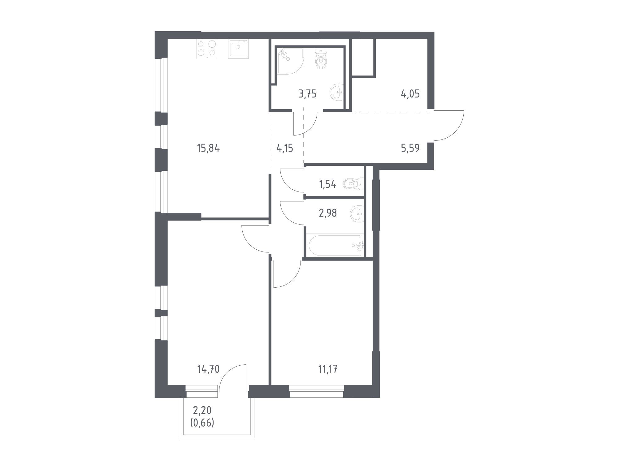 Планировка: 2-комн. квартира 64.43 м² в новостройке Невская долина