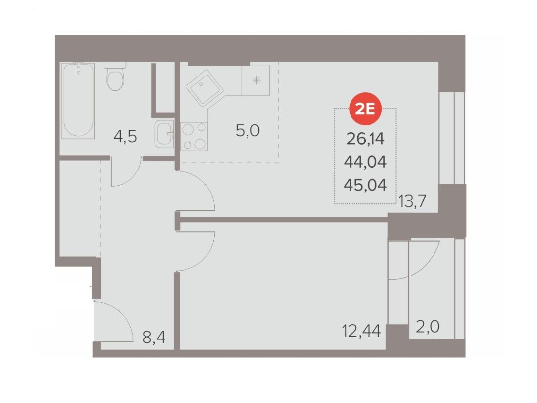 Планировка: 2-комн. квартира 45.04 м² в новостройке Отлично