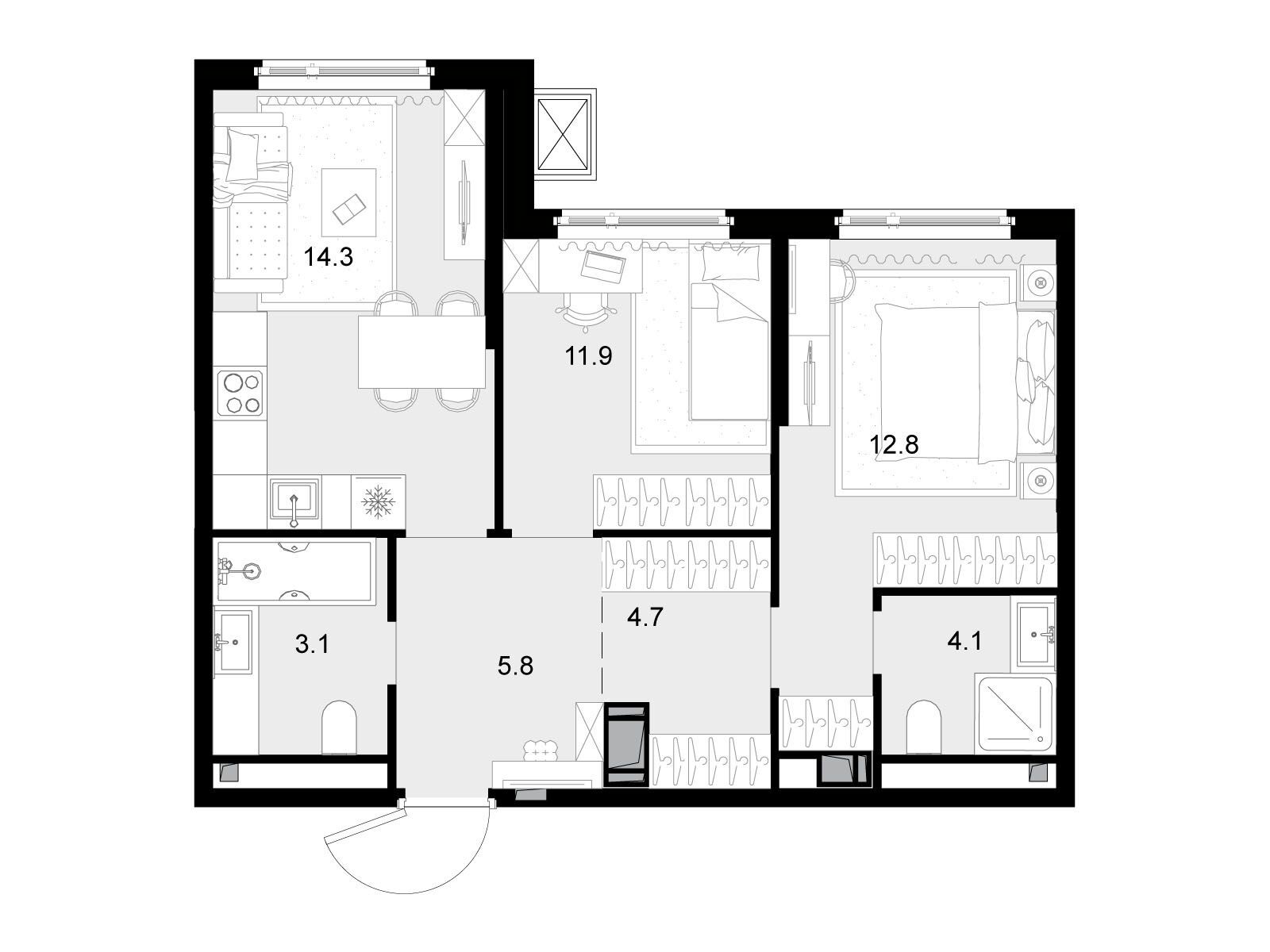Планировка: 2-комн. квартира 56.60 м² в новостройке Малевич