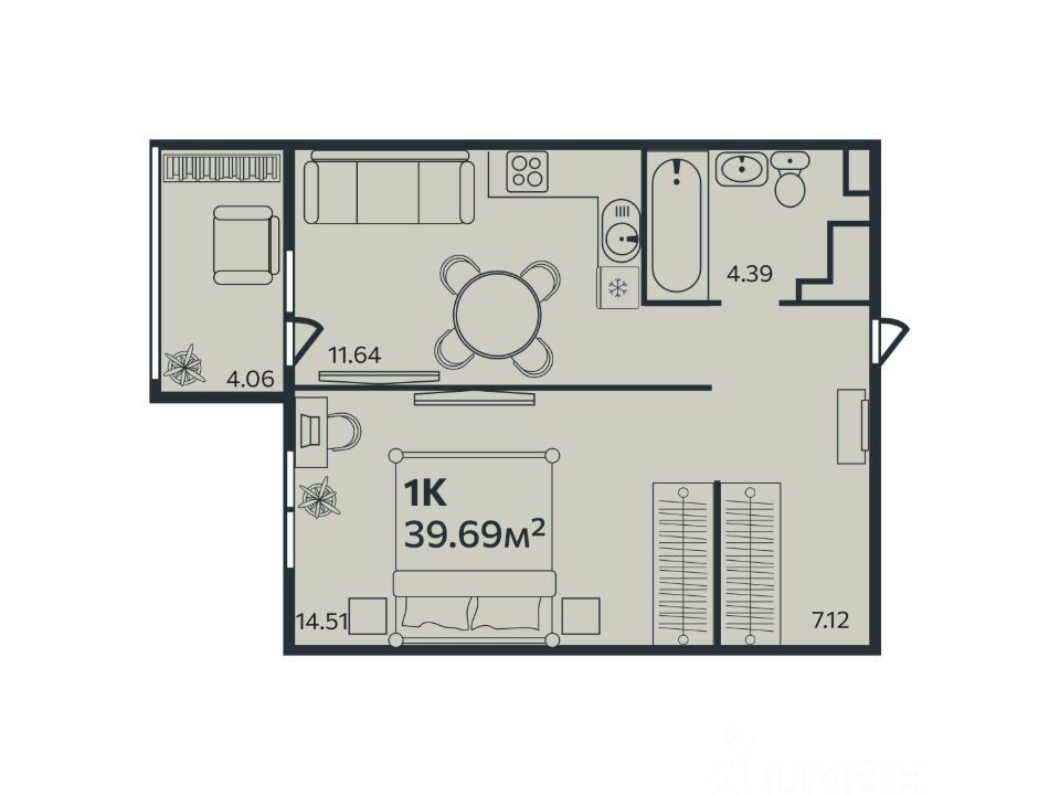 Планировка: 1-комн. квартира 39.69 м² в новостройке Эдельвейс
