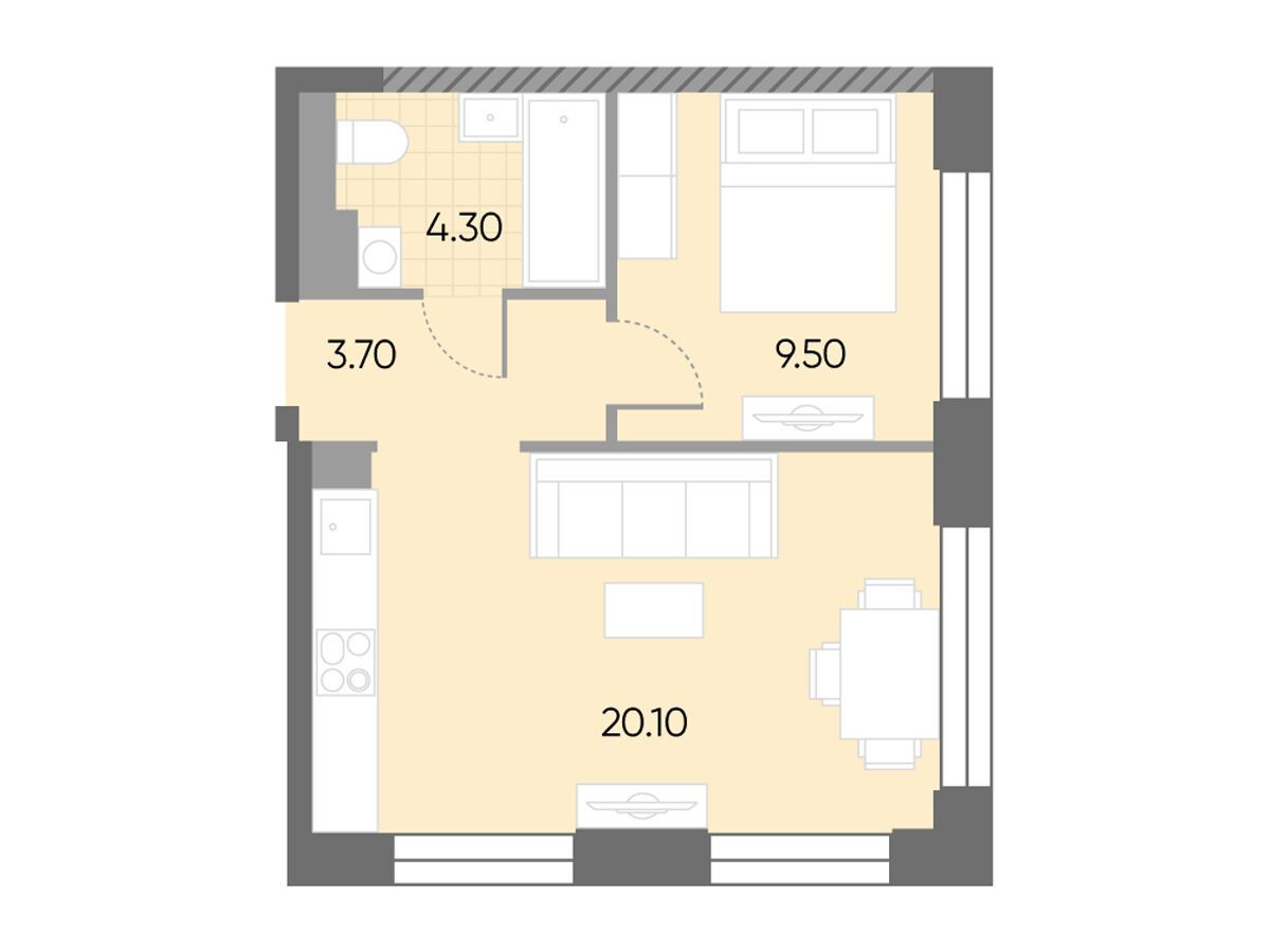 Планировка: 1-комн. квартира 37.60 м² в новостройке Вейв