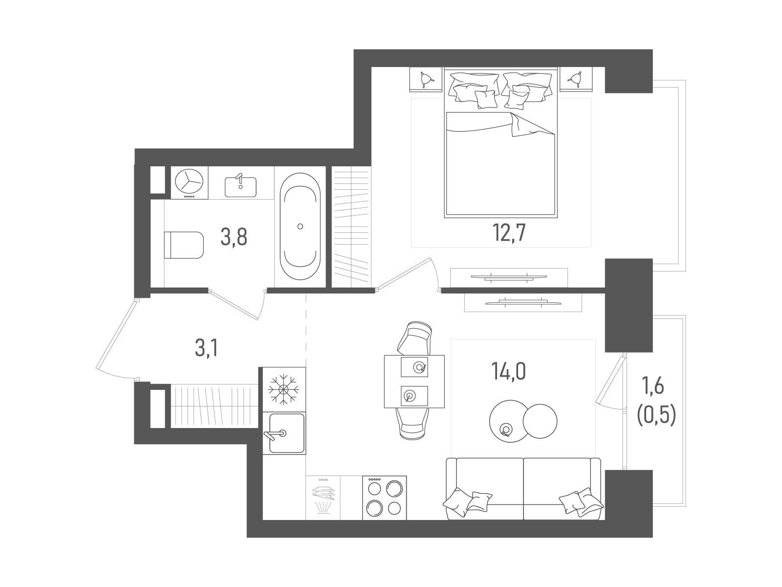 Планировка: 1-комн. квартира 34.10 м² в новостройке Татум