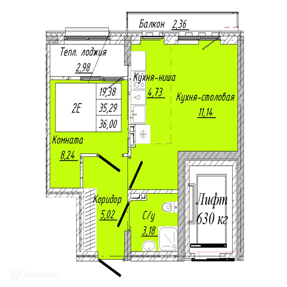 Планировка: 1-комн. квартира 36.00 м² в новостройке По улице 2-я Дачная