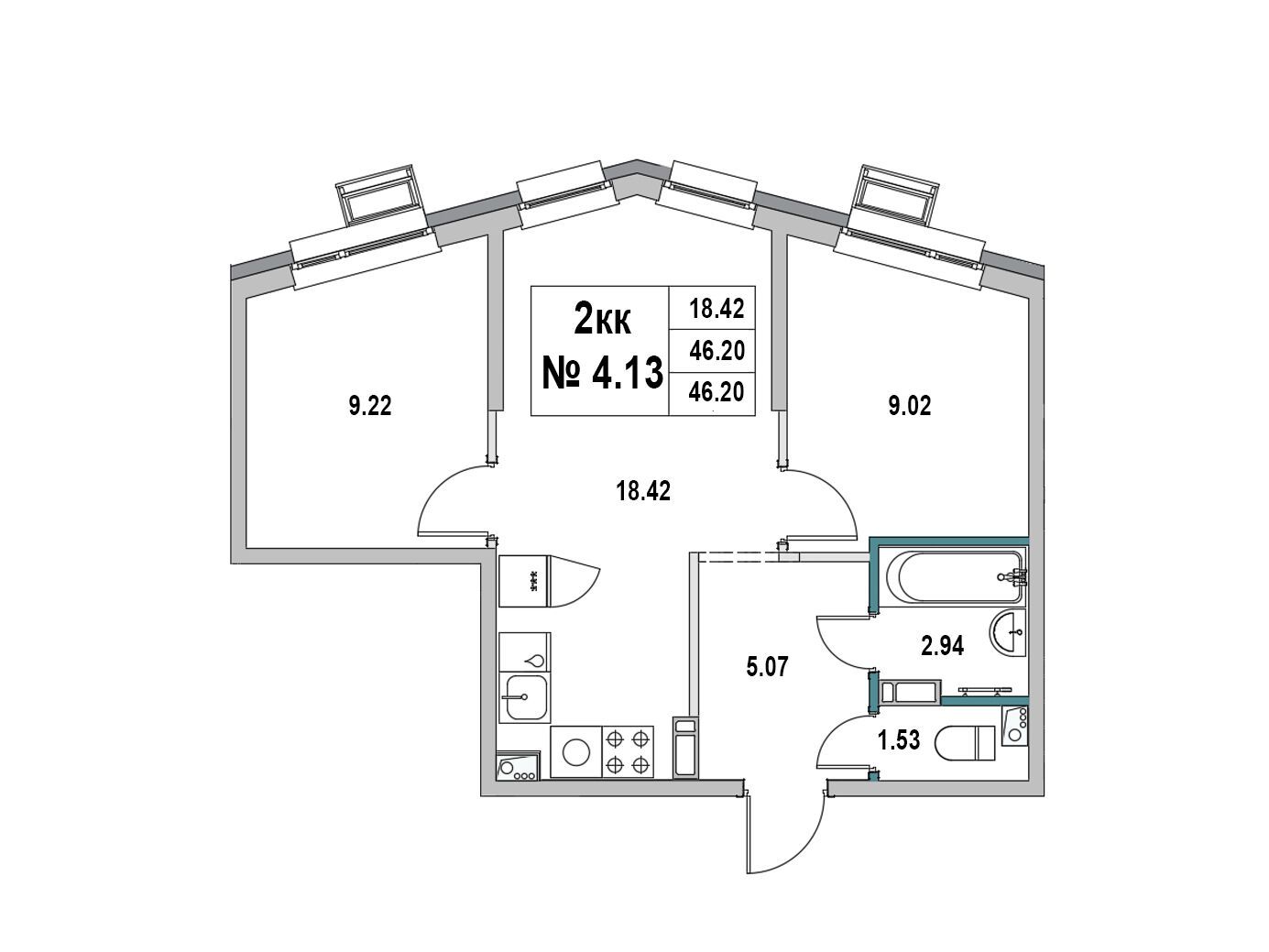 Планировка: 2-комн. квартира 46.20 м² в новостройке Новый город