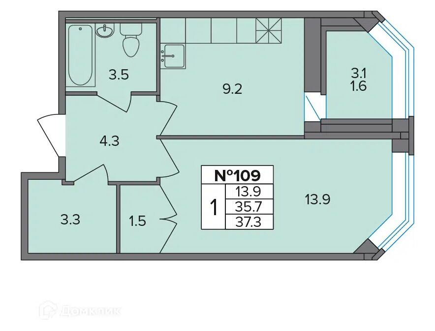 Планировка: 1-комн. квартира 37.30 м² в новостройке Капральский