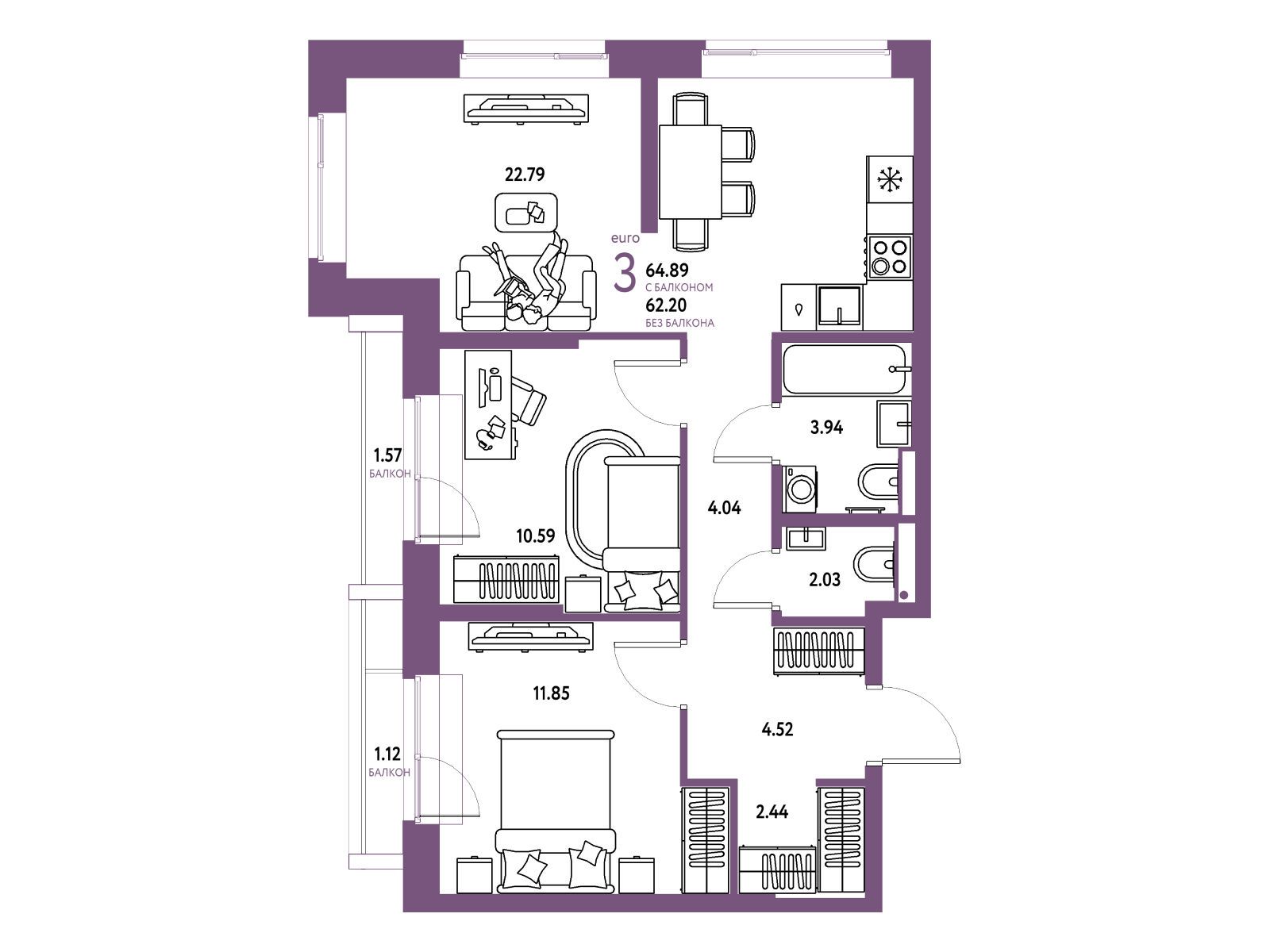 Планировка: 3-комн. квартира 64.89 м² в новостройке Страна Парковая