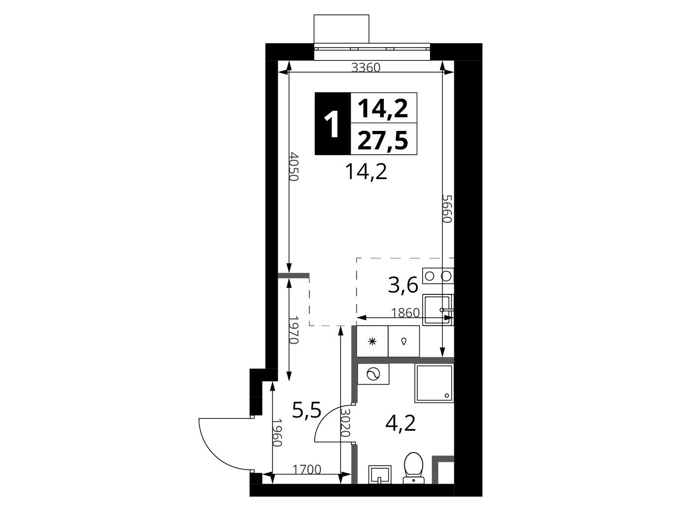 Планировка: Студия 27.50 м² в новостройке 1-й Ясеневский