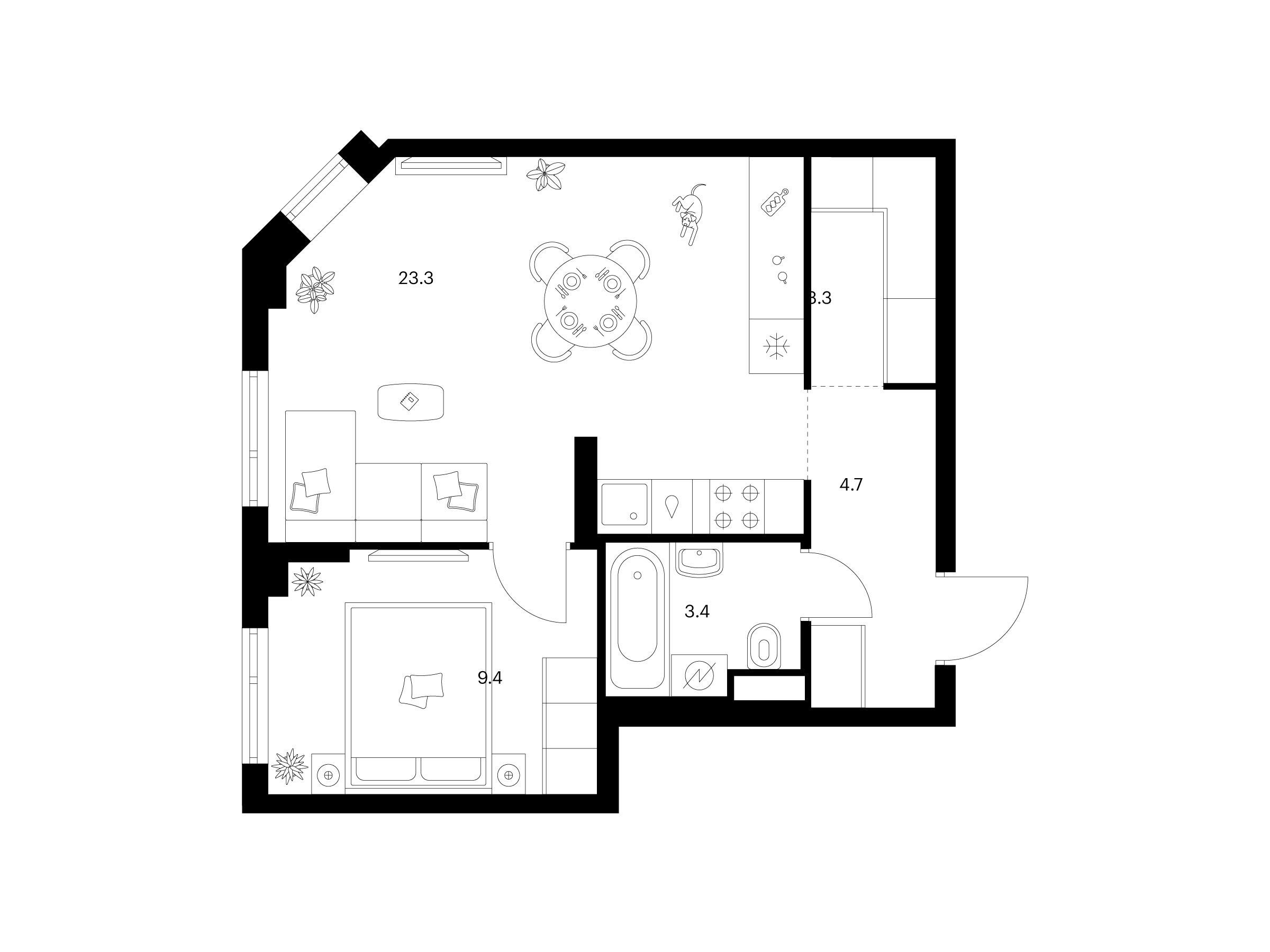 Планировка: 1-комн. квартира 44.10 м² в новостройке Руставели 14