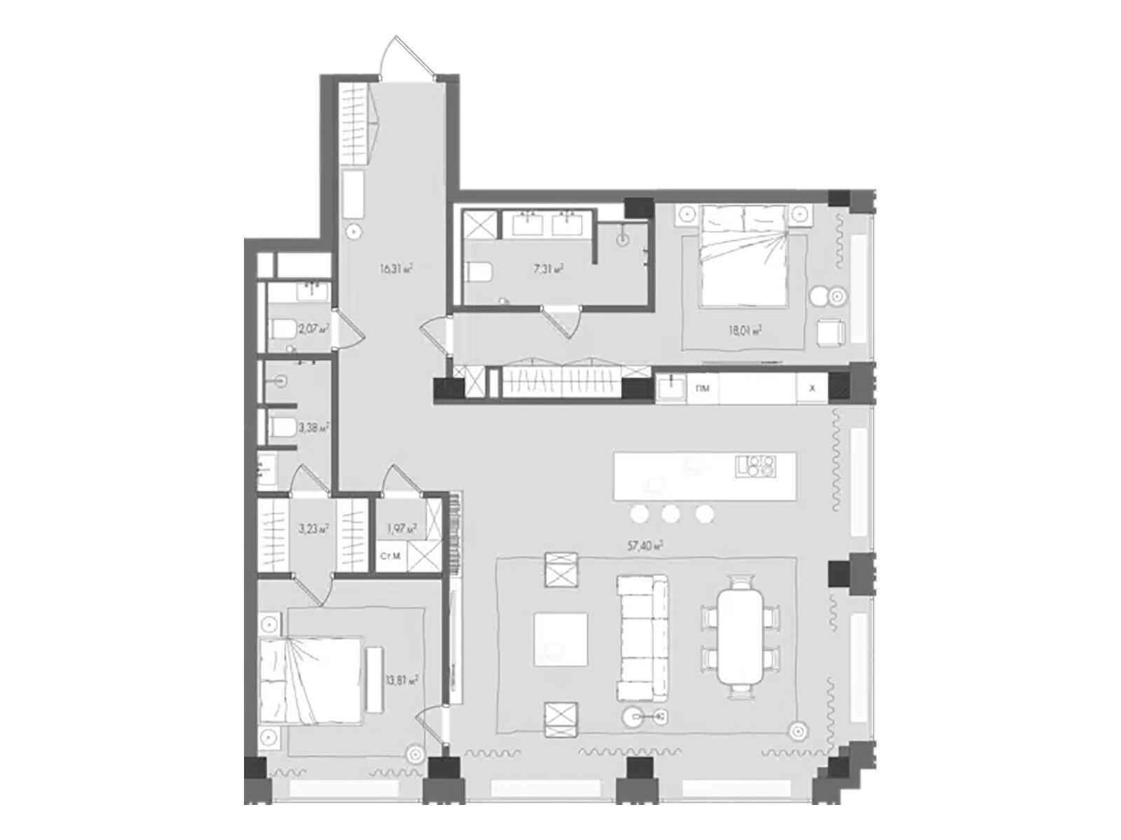 Планировка: 2-комн. квартира 123.20 м² в новостройке Форум