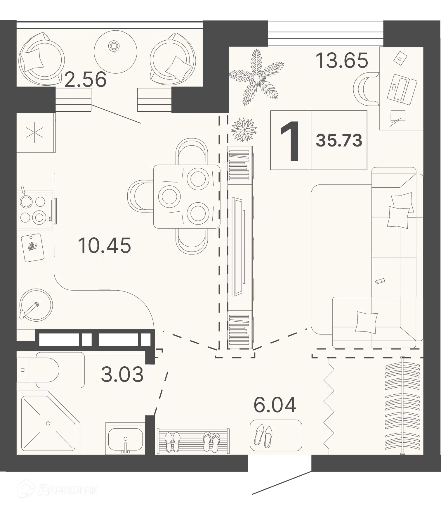 Планировка: 1-комн. квартира 34.45 м² в новостройке Светский лес