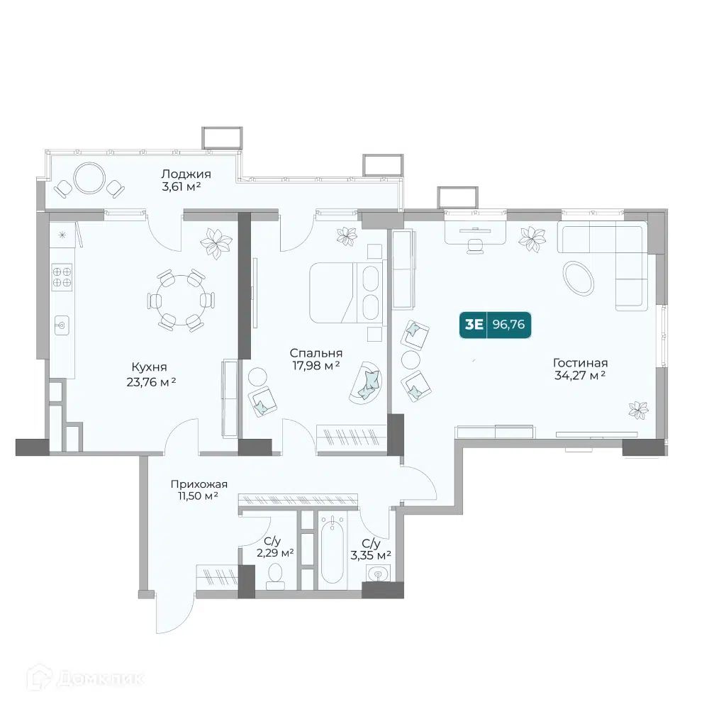 Планировка: 2-комн. квартира 96.76 м² в новостройке Золотой Берег 1