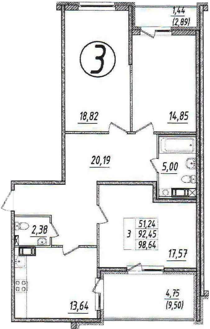 Планировка: 3-комн. квартира 99.80 м² в новостройке Ингрия Лэнд
