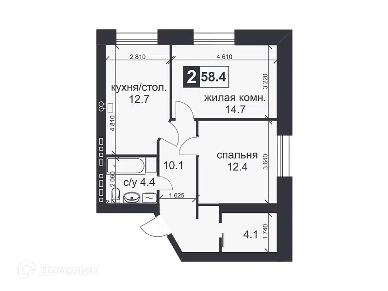 Планировка: 2-комн. квартира 58.40 м² в новостройке Михайловский