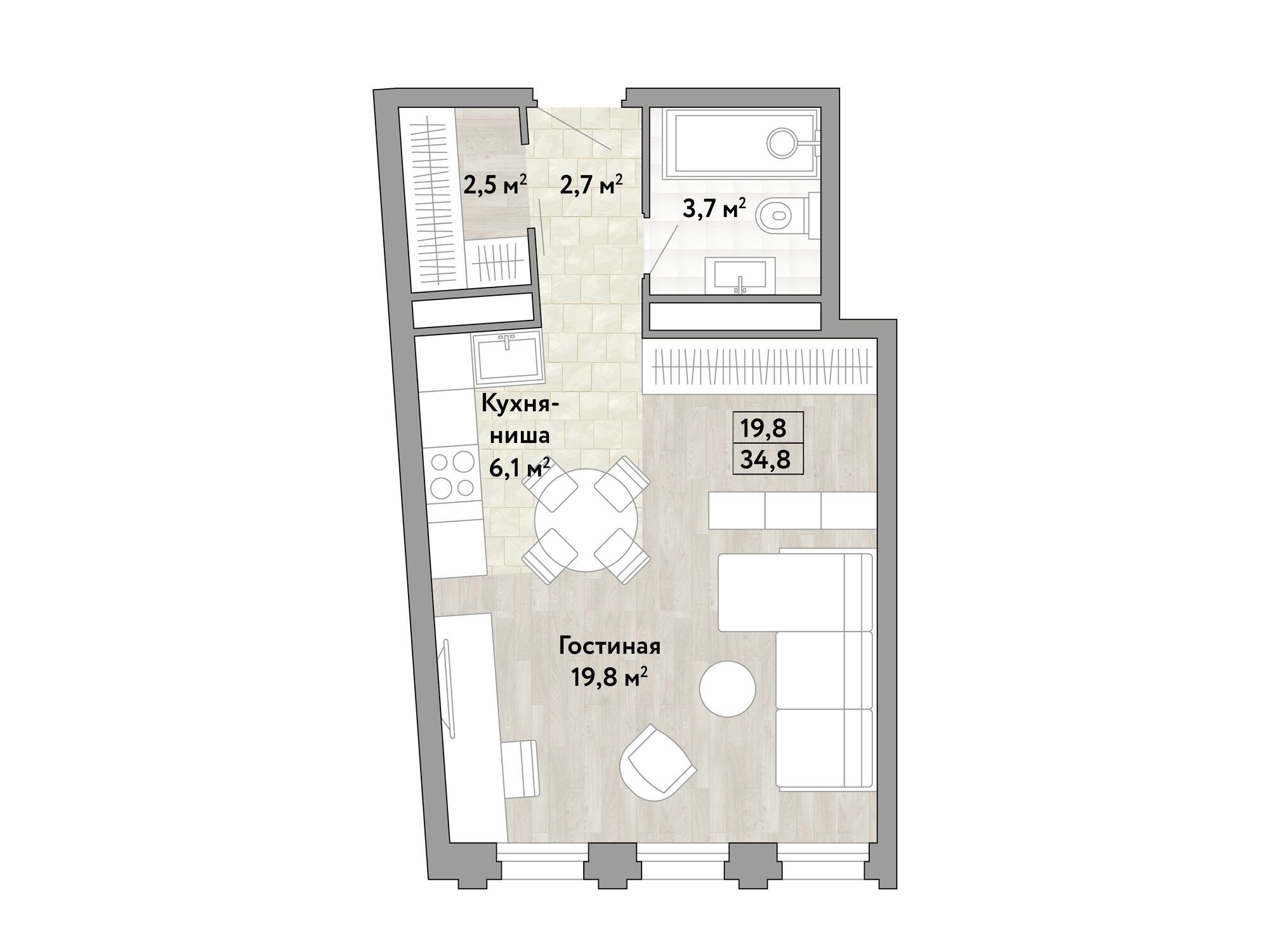 Планировка: 1-комн. квартира 34.80 м² в новостройке Новые смыслы