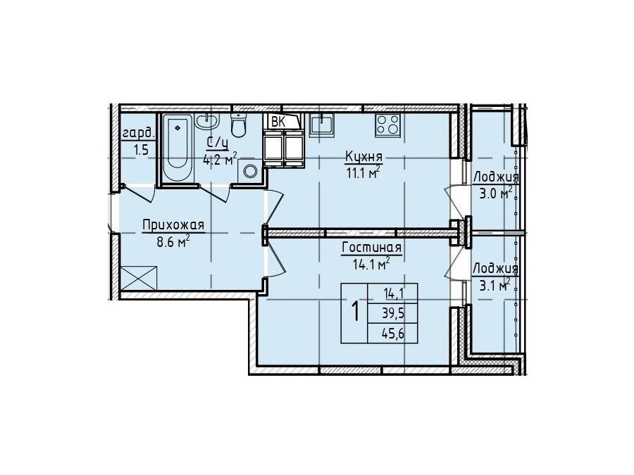 Планировка: 1-комн. квартира 45.60 м² в новостройке Пустовский