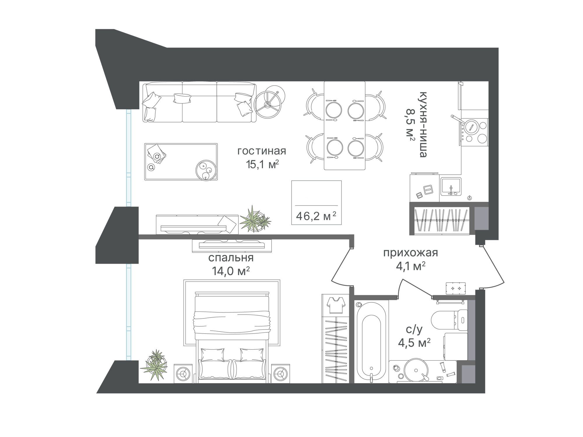 Планировка: 1-комн. квартира 46.20 м² в новостройке Петровский парк II