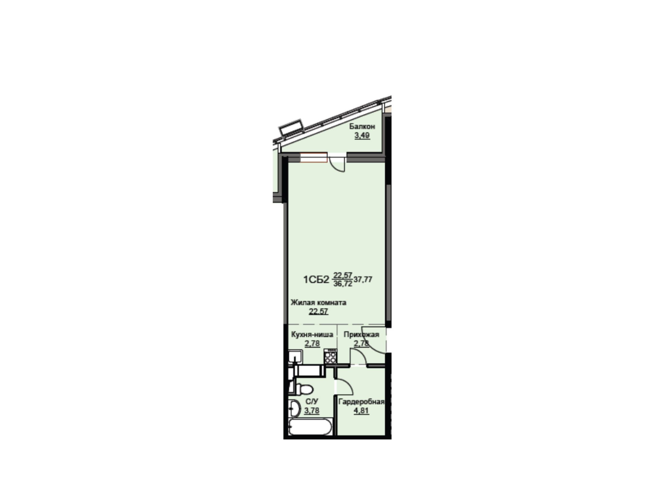 Планировка: Студия 38.20 м² в новостройке ЖК Соболевка (Щелково)