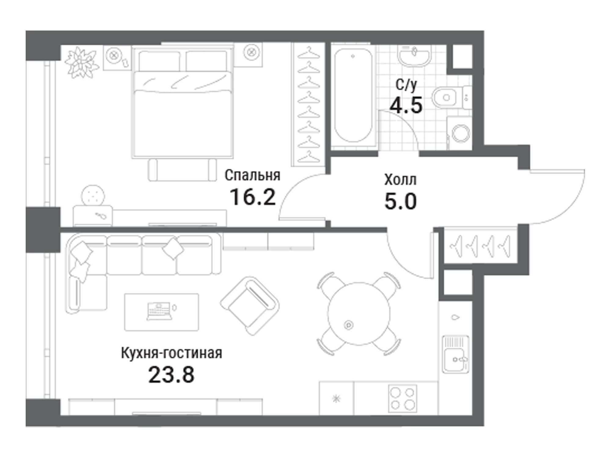 Планировка: 1-комн. квартира 49.50 м² в новостройке Нагатино Ай-Лэнд